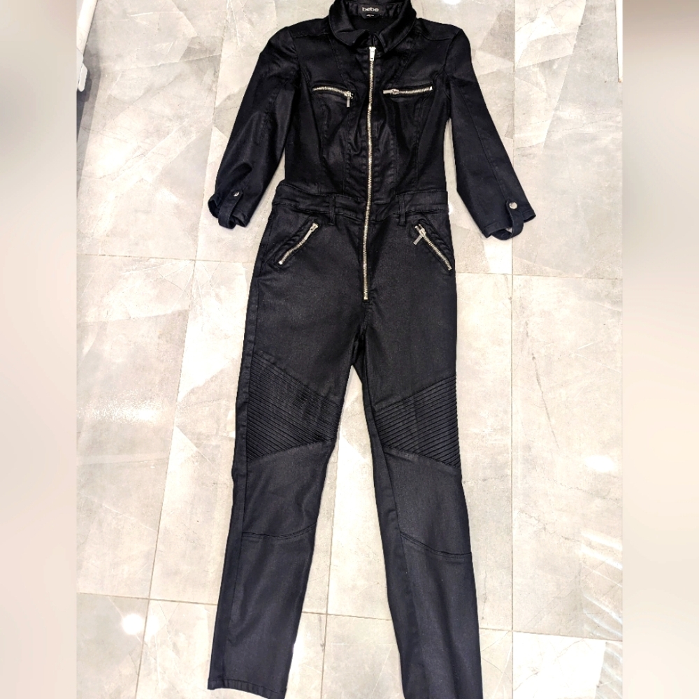 Bebe - Amazing Black Stretchy Denim Moto Jumpsuit Catsuit - Picture 2 of 8